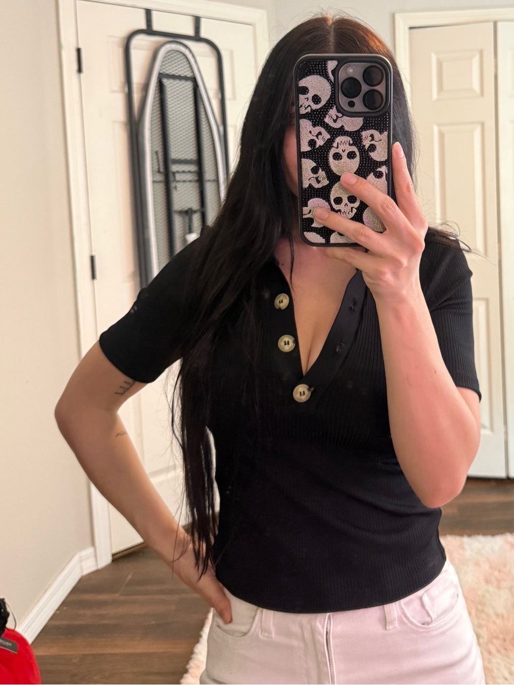 H&M Black Ribbed Polo Shirt Short Sleeve Button Down Collar Top Womens XS